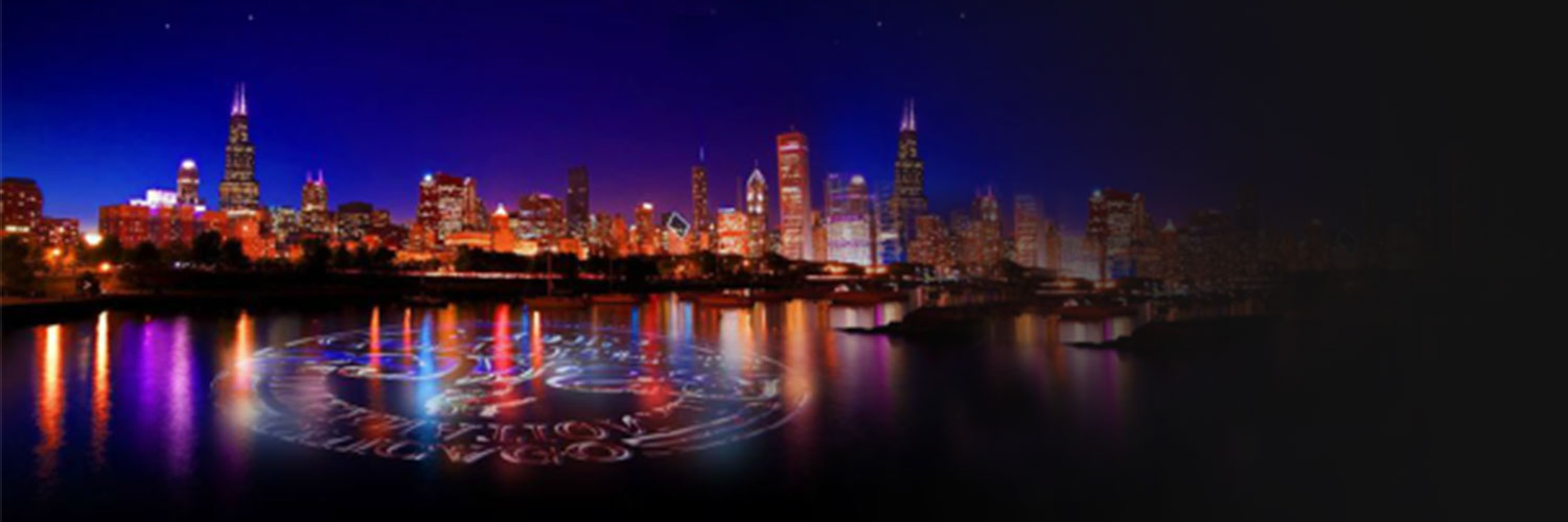 chicago skyline with logo on lake